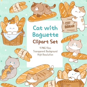 Clipart chat, pain clipart, clipart baguette, chaton Clipart, chat PNG, pain PNG, clipart boulangerie, autocollants imprimables, téléchargement numérique