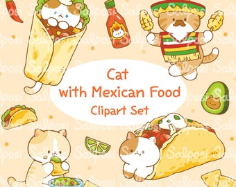 Clipart pour chat, Clipart de nourriture mexicaine, Nourriture mexicaine, PNG pour chat, Clipart de chat, Clipart de chat mignon, Autocollant mexicain, Clipart de nourriture, Taco, Nachos