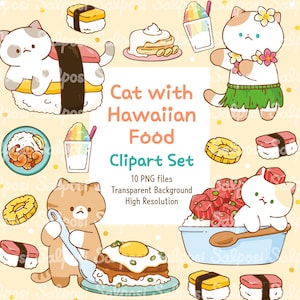 Cat Clipart, Hawaii Clipart, Cat PNG, Kitten Clipart, Cute Cat Clipart, Hawaiian Food Clipart, Poke Bowl, Shave Ice, Musubi, Hula Dance