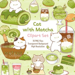 May include: A digital clipart set featuring various matcha-flavored treats and drinks, such as ice cream, cake, and lattes, with cute cartoon cats. The text "Cat with Matcha Clipart Set" is displayed. The set includes 18 PNG files with a transparent background.