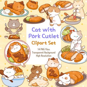 May include: A collection of cartoon cat illustrations interacting with pork cutlet dishes. The set includes cats with various expressions, holding utensils, and posing with the food. The text "Cat with Pork Cutlet Clipart Set" is displayed.