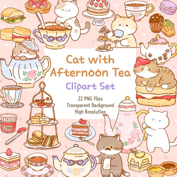 Cat with Tea Time Clipart, Afternoon Tea Clipart, Tea Time, Tea PNG, Tea Party Clipart, Printable Cat Stickers, Digital Download
