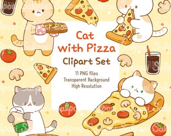 Cat Clipart, Pizza Clipart, Pizza PNG, Cat PNG, Kitten Clipart, Cute Cat Clipart, Food Clipart, Digital Sticker, Printable Sticker,