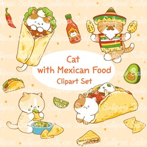 Cat Clipart, Mexican Food Clipart, Mexican Food, Cat PNG, Kitten Clipart, Cute Cat Clipart,  Mexican Sticker, Food Clipart, Taco, Nachos