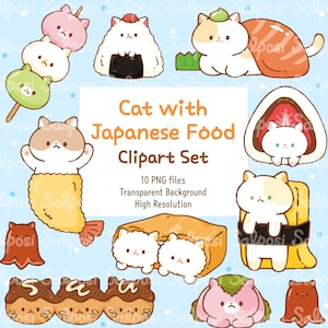 Gato Clipart, Comida Japonesa Clipart, Gato Fofo Clipart, Gato PNG, Gatinho Clipart, Sushi Clipart, Comida Asiática, Comida Clipart, Adesivo Digital
