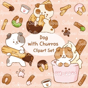 May include: A clipart set featuring cute cartoon dogs with churros. The set includes a dog holding a churro, a dog eating a churro, and a dog sitting in a cup of churros. The set also includes various churros, including plain, chocolate-covered, and with toppings.