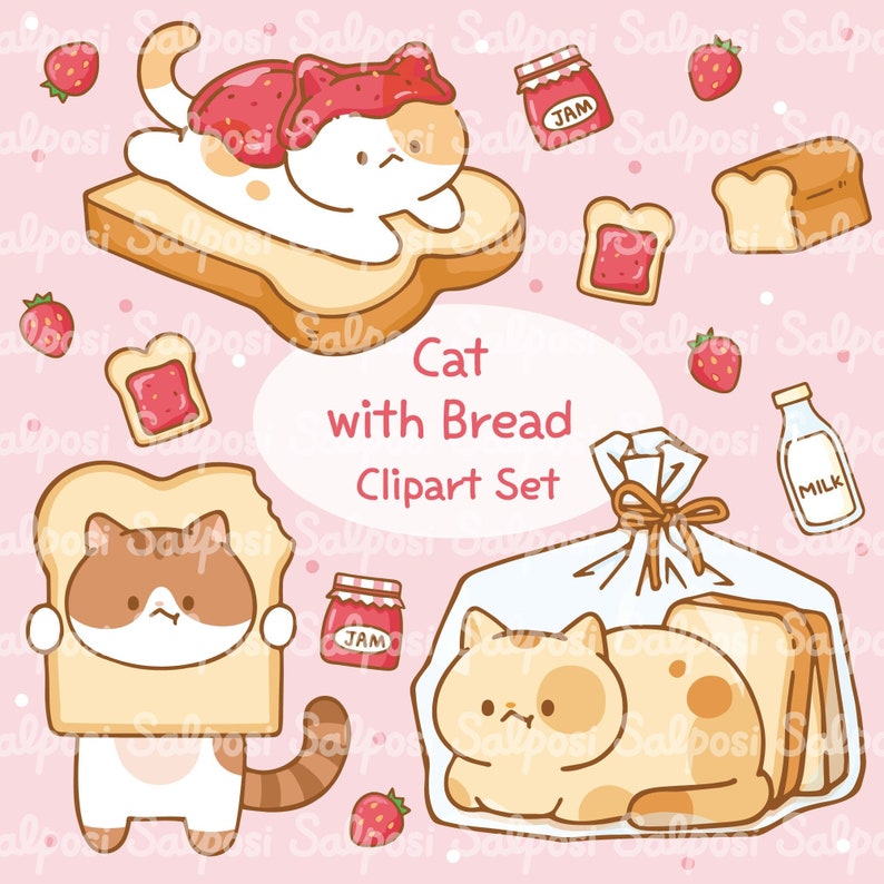 May include: A set of digital clipart featuring cute cartoon cats with bread. The clipart includes a cat wearing a strawberry and jam hat on a slice of bread, a cat holding a slice of bread, a cat in a plastic bag with bread, a jar of jam, a slice of bread, a bottle of milk, and strawberries.