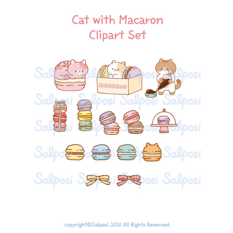May include: A collection of colorful macaron pastries and cat illustrations. The image includes stacks of macarons, cats with macarons, and a box labeled "MACARON". The text "Cat with Macaron Clipart Set" is at the top.