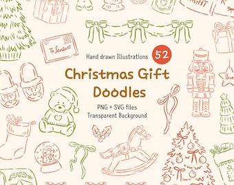 May include: Hand-drawn Christmas gift doodles in red and green on a cream background. The image includes illustrations of a Christmas tree, ornaments, gifts, a nutcracker, and the text "Christmas Gift Doodles".