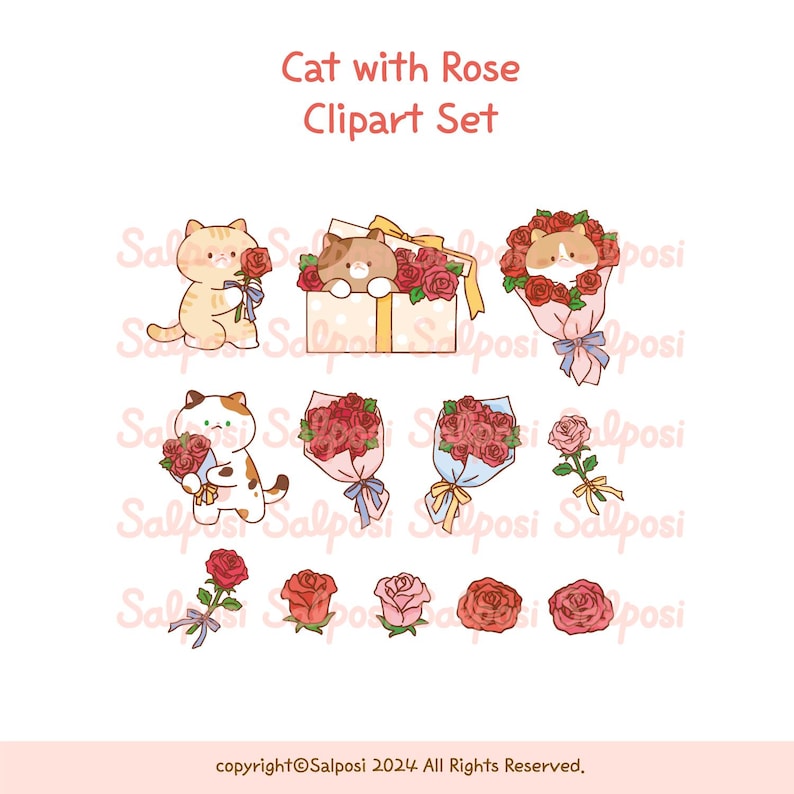 Cat Clipart, Rose Clipart, Flower Clipart, Cat With Flower Clipart, Cat ...