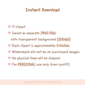 May include: A pink heart graphic with the text "Instant Download" in brown text. The text below the heart graphic lists the details of the digital download, including the number of clipart images, file format, resolution, size, and usage rights. The text "copyright&copy;Salposi 2021 All Rights Reserved." is at the bottom of the image.