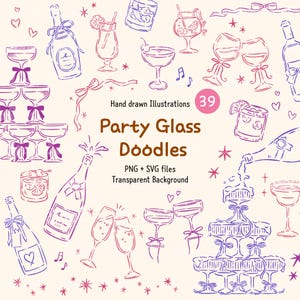 Party Glass Hand Drawn Clipart, Glasses Hand Drawn, Cocktail Party Clipart, Wine Glasses, Martini Glasses, Champagne Tower, Digital Download