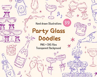 Party Glass Hand Drawn Clipart, Glasses Hand Drawn, Cocktail Party Clipart, Wine Glasses, Martini Glasses, Champagne Tower, Digital Download