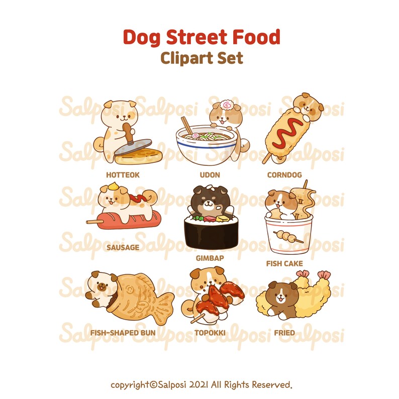 K&ouml;nnte beinhalten: Eine Sammlung von Cartoon-Hunde-Illustrationen, die verschiedene Streetfood-Artikel darstellen. Das Set enth&auml;lt Bilder von Hotteok, Udon, Corndog, Wurst, Gimbap, Fischkuchen, fischf&ouml;rmigem Br&ouml;tchen, Topokki und frittierten Speisen. Der Text "Dog Street Food Clipart Set" ist oben zu sehen.