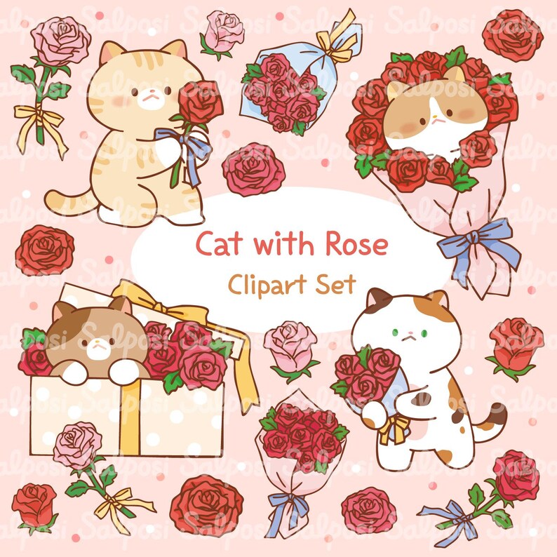Cat Clipart, Rose Clipart, Flower Clipart, Cat With Flower Clipart, Cat ...