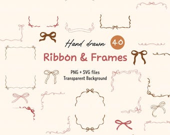 Hand Drawn Bow Frame Clipart, Ribbon Bows Clipart, Whimsical Frames PNG, Wavy Borders SVG, Bow Border, Wedding Border, Digital Download