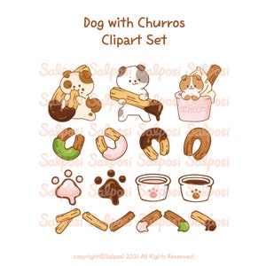 May include: A clipart set featuring a cartoon dog with churros. The set includes a dog eating a churro, a dog holding a churro, a dog with a churro ice cream cone, churros with different toppings, paw prints, and cups of hot chocolate.