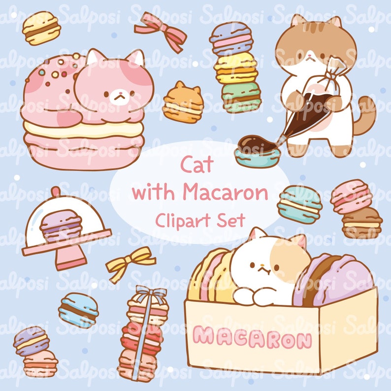 May include: A digital clipart set featuring cartoon cats and colorful macarons. The image includes cats nestled in macarons and a box labeled "Macaron", along with stacks and individual macarons in various colors. The text "Cat with Macaron Clipart Set" is also present.