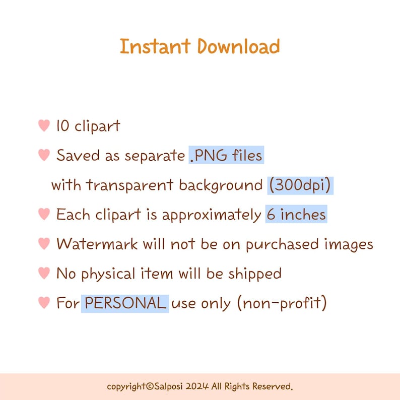 May include: Instant download of 10 clipart images. Each image is saved as a separate PNG file with a transparent background and is approximately 6 inches in size. The images are 300 dpi. Watermark will not be on purchased images. No physical item will be shipped. For personal use only (non-profit).