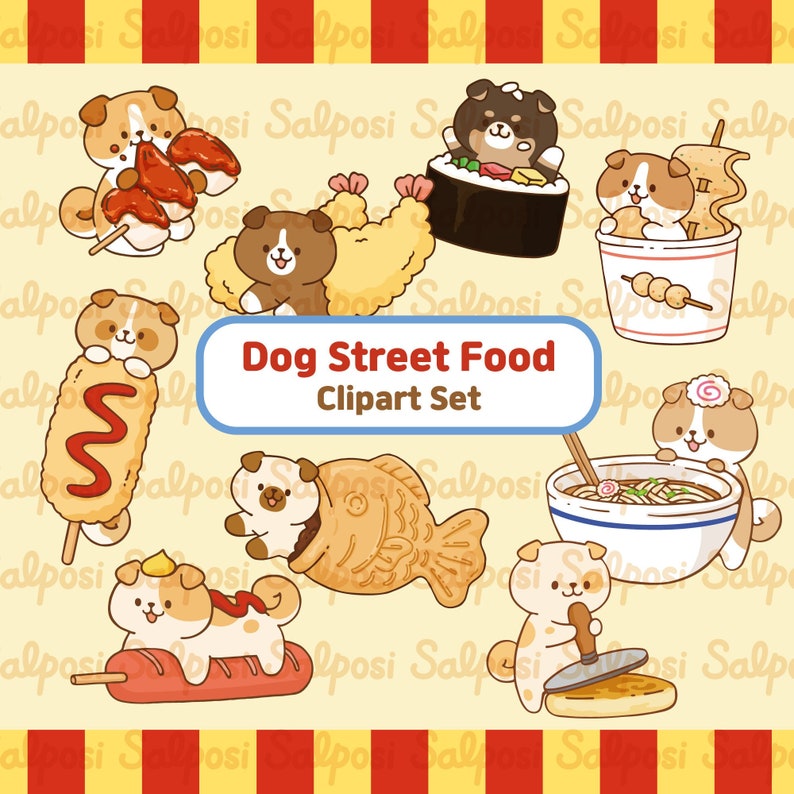 K&ouml;nnte beinhalten: Eine Sammlung von Cartoon-Hunde-Illustrationen mit verschiedenen Streetfood-Artikeln. Das Bild zeigt Hunde mit Sushi, Tempura, Hotdogs, Ramen und anderen Leckereien. Der Text "Dog Street Food Clipart Set" ist ebenfalls vorhanden.