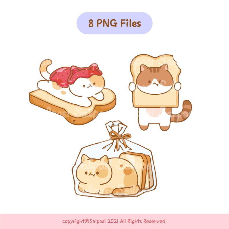 Cat Clipart, Bread Clipart, Cat PNG, Kitten Clipart, Cute Cat Clipart, Jam clipart, Toast Clipart, Printable Sticker, Digital download image 5