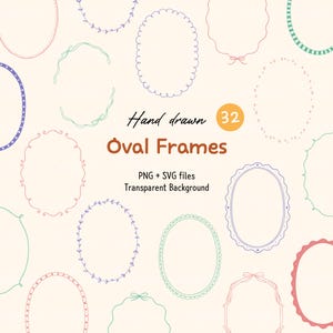 Puede incluir: Una colección de 32 marcos ovalados dibujados a mano en varios colores y estilos, incluyendo diseños punteados, festoneados y florales. La imagen incluye el texto "Hand drawn Oval Frames" y "PNG + SVG files Transparent Background".