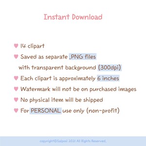 May include: A digital download graphic with the text "Instant Download." The image lists 14 clipart saved as .PNG files with transparent backgrounds. Each clipart is approximately 6 inches. The image states that no physical item will be shipped.
