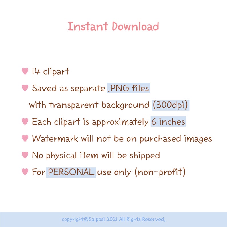 May include: A digital download graphic with the text "Instant Download." The image lists 14 clipart saved as .PNG files with transparent backgrounds. Each clipart is approximately 6 inches. The image states that no physical item will be shipped.