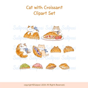 May include: A set of digital clipart featuring cute cartoon cats with croissants. The clipart includes cats sitting on croissants, cats holding croissants, and croissants with various fillings. The clipart is perfect for adding a touch of whimsy to your projects.