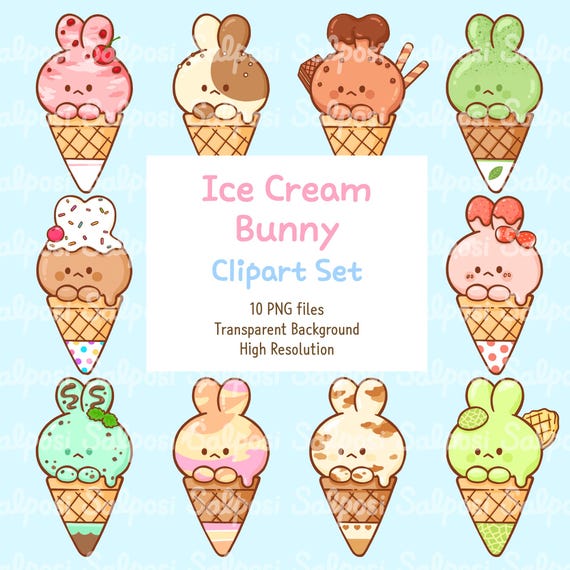Cute Ice Cream Clipart, Ice Cream Clipart, Bunny PNG, Cute Bunny Clipart, Cute Animal Clipart, Kawaii Clipart, Ice Cream PNG, Food Clipart