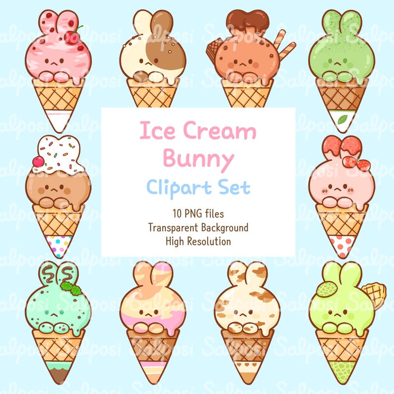 Cute Ice Cream Clipart, Ice Cream Clipart, Bunny PNG, Cute Bunny Clipart, Cute Animal Clipart, Kawaii Clipart, Ice Cream PNG, Food Clipart image 1