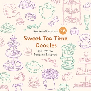 Op de afbeelding: Handgetekende illustraties van theetijd-elementen, waaronder theekopjes, theepotten, cakes en etagères. De afbeelding bevat de tekst "Sweet Tea Time Doodles" en "PNG + SVG files". De illustraties zijn in groen, paars en roze.