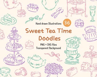 Tea Time Hand Drawn Clipart, Afternoon Tea Doodles, Tea Party, Hand Drawn Doodles, Tea pot, Tea Cup, Whimsical PNG and SVG, Digital Download