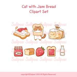 Cat Clipart, Bread Clipart, Cat PNG, Kitten Clipart, Cute Cat Clipart, Jam clipart, Toast Clipart, Printable Sticker, Digital download image 2