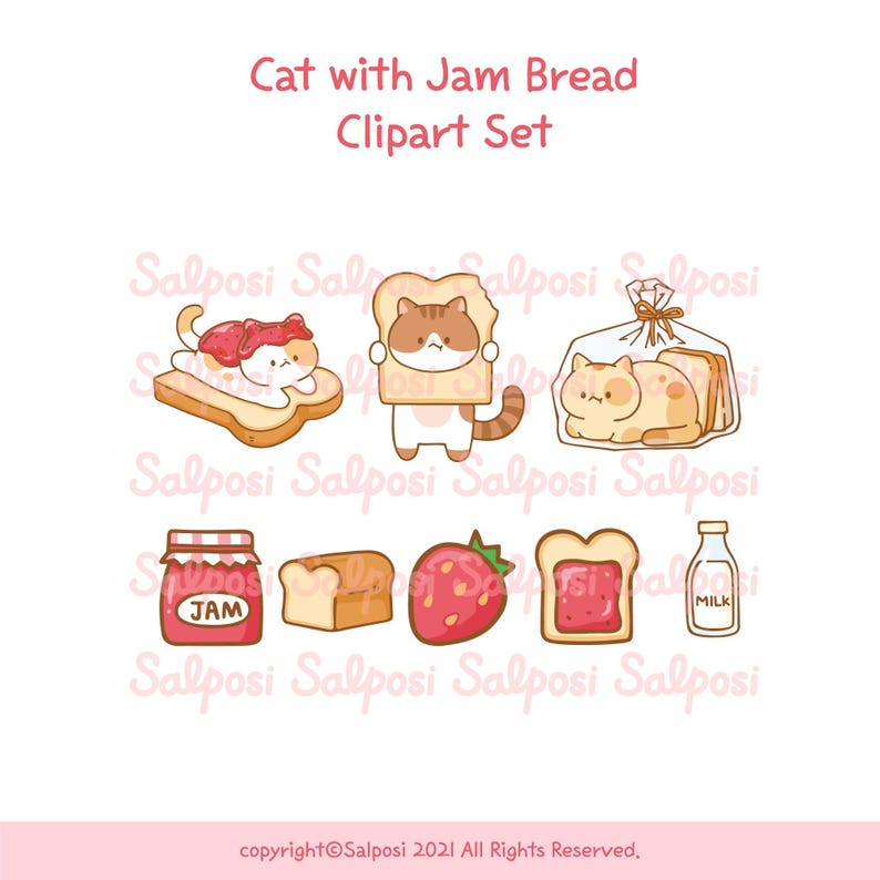 Cat Clipart, Bread Clipart, Cat PNG, Kitten Clipart, Cute Cat Clipart, Jam clipart, Toast Clipart, Printable Sticker, Digital download image 2