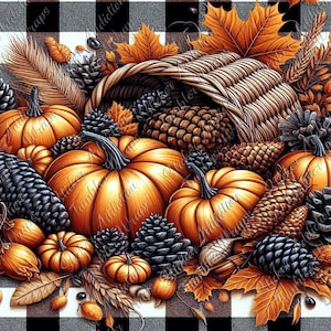 Tumbler Wrap con cornucopia del raccolto autunnale / Zucche vivaci e pigne PNG da scaricare / Decorazioni con foglie autunnali / Download digitale a 300 dpi