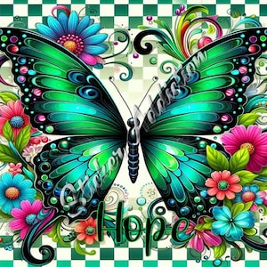 Hermoso envoltorio para vaso con mensaje de esperanza y mariposa verde con diseño floral - Descarga digital PNG de 300 ppp - Envoltorios delgados para vasos de 30 oz y 20 oz