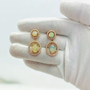 Ethiopian Opal Dangle Earrings: Gold Halo, October Birthstone