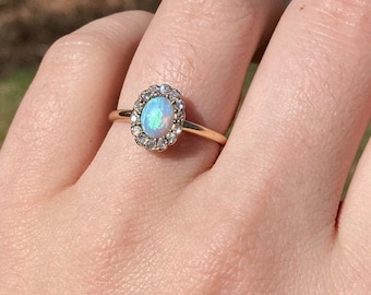 Victorian Opal and diamond halo 14k gold ring,  Gold RIngs,