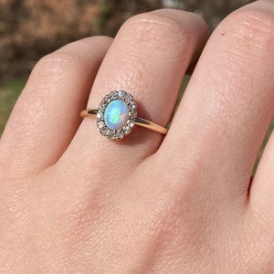 Victorian Opal and diamond halo 14k gold ring,  Gold RIngs,