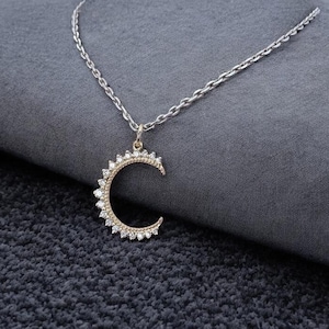Gold Crescent Moon Necklace: Moissanite Diamond Celestial Pendant