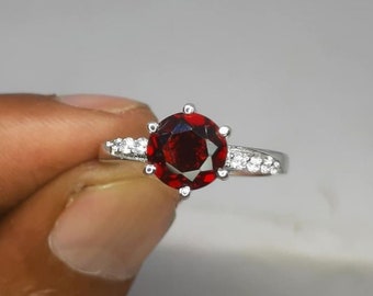 Garnet Solitaire Ring: 7mm Round Red Stone, January Birthstone