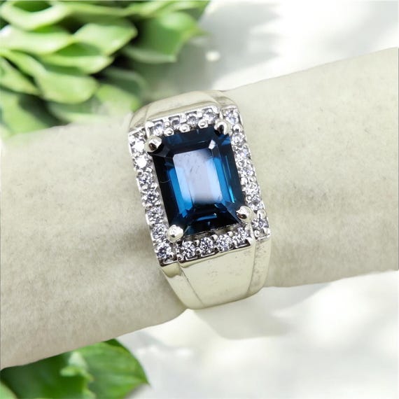 London Blue Topaz Men's Ring: Emerald Cut Sterling Silver Statement Ring