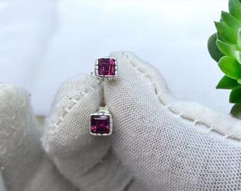 Garnet Stud Earrings: January Birthstone, Square Rhodolite Gemstone
