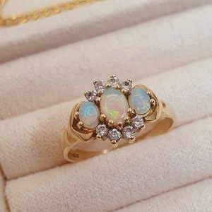 Opal and Diamond Halo Ring: Vintage Style Gold Cluster Band