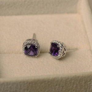 Amethyst Halo Stud Earrings: February Birthstone, Dainty Jewelry