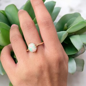 Ethiopian Opal Solitaire Ring – Oval Fire Opal in 14K Gold – Minimalist Dainty Engagement Ring – October Birthstone Jewelry – Gift for Her