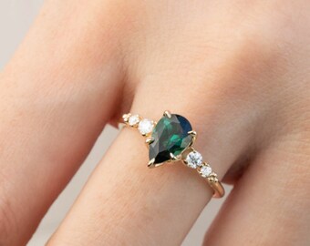Green Tourmaline Teardrop Ring: 14K and 18K Gold Ring October Birthstone