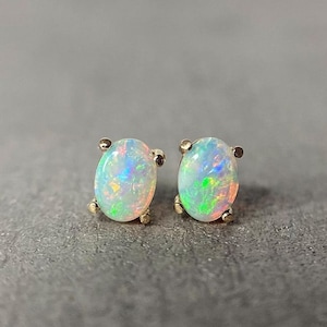 14K Yellow gold earrings with opals,  opal earrings, minimalist opal earrings