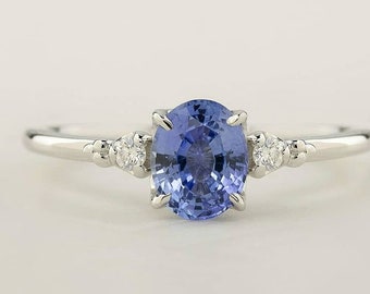 Oval Tanzanite Solitaire Ring, 925 Sterling Silver, Diamond Accents
